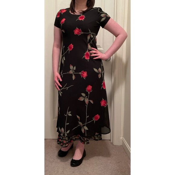 Vintage Jessica Howard Petite‎ Black Dress Long Stem Red Roses Size Small Medium - Picture 5 of 6
